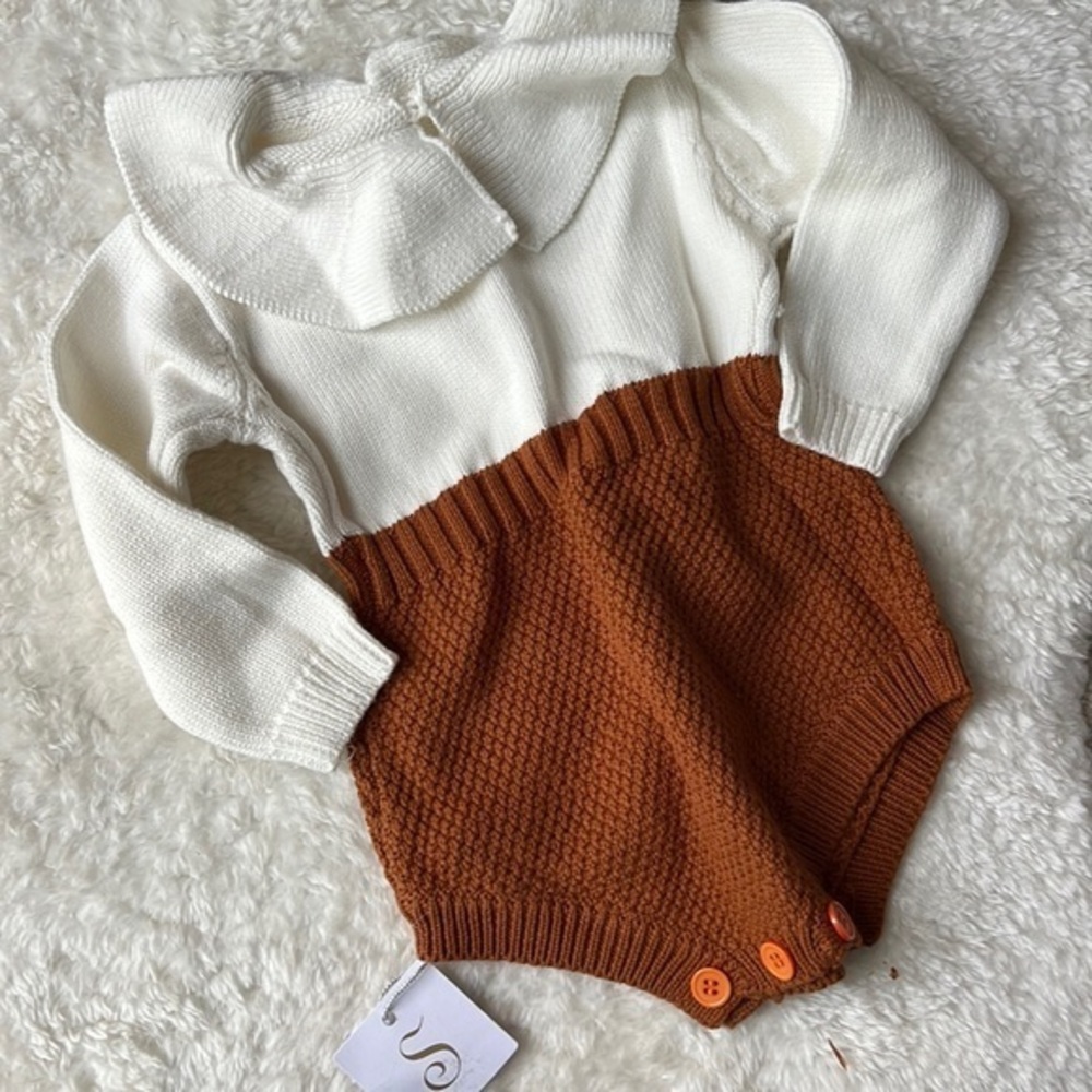 Stylefish NWT HJS baby heirloom knit cream/brown baby romper w/ruffle collar